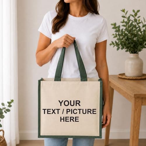 Printshirts Personalised Canvas Tote Bag – Custom Shopping Bag with Image, Logo or Text, Large Reusable Shoulder Bag, Natural Contrast Colour Handles, Personalised Gift Bag Green — view 2
