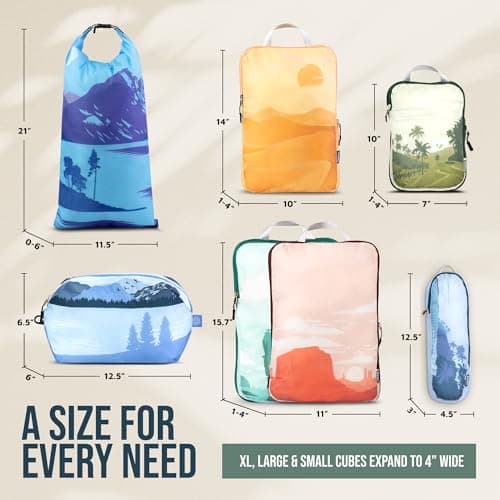 7 Pack Large Packing Cubes for Travel - Ultra Lightweight Expandable Compression Packing Cubes for Clothes (Landscape) — view 4