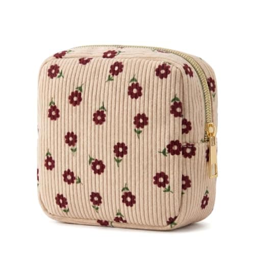 Livzikaroa Small Make Up Bag for Handbag, Red Floral Corduroy Cosmetic Pouch with Metal Zip, 13 X 13 X 4 Cm, 40 G Travel Toiletry and Sanitary Pad Holder for Women