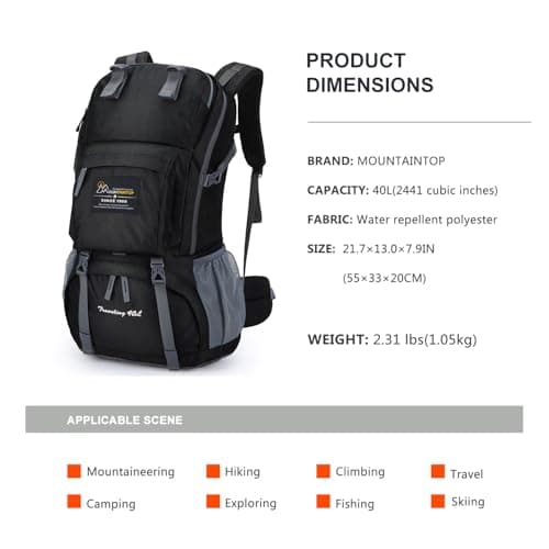 MOUNTAINTOP 40L Hiking Backpack Water Resistant Rucksack Unisex — view 3