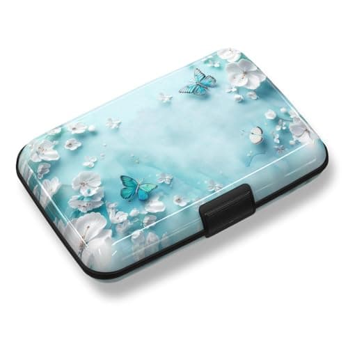 Credit Card Holder, Mini RFID Small Aluminum Card Wallet, Blocking Slim Metal Business Card Case, RFID Blocking Front Pocket Wallet Hard Case Durable CC Holder for Women Girls, Green Teal Butterfly