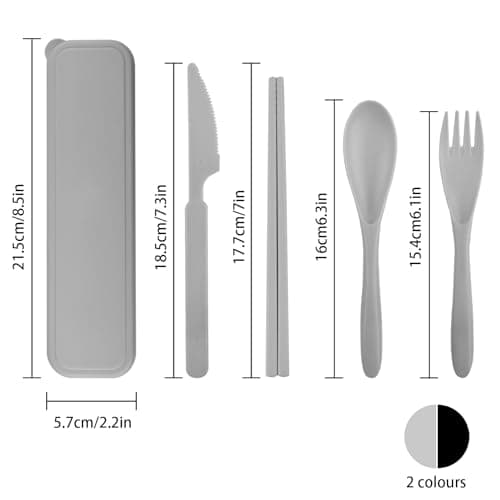 DIYJEP 2Pcs Plastic Reusable Cutlery Set Case, Portable (Black/Grey) — view 2