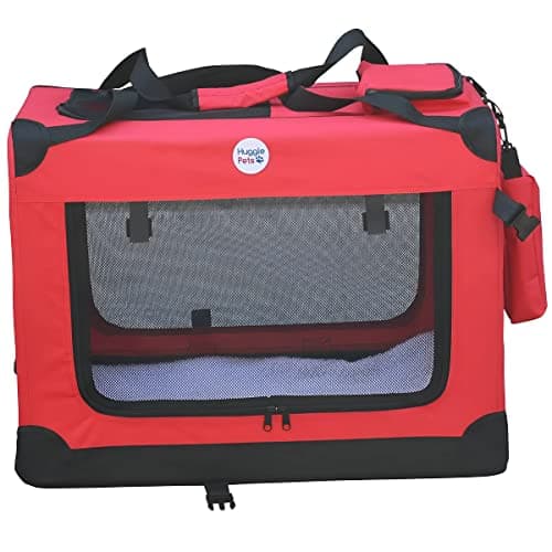 HugglePets Foldable Fabric Pet Crate Carrier - Red (Medium 60 x 42cm) Lightweight & Ventilated Double Door Carrier for Dogs & Cats with Sheepskin Mat. Ideal for Home & Travel. — view 2