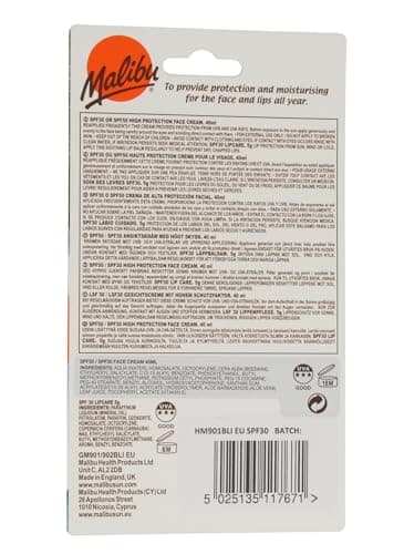 Malibu Sun SPF 30 Face Cream and SPF 30 Lip Balm Duo, High Protection Sun Cream, Water Resistant, Vitamin Enriched, 2 pack — view 2