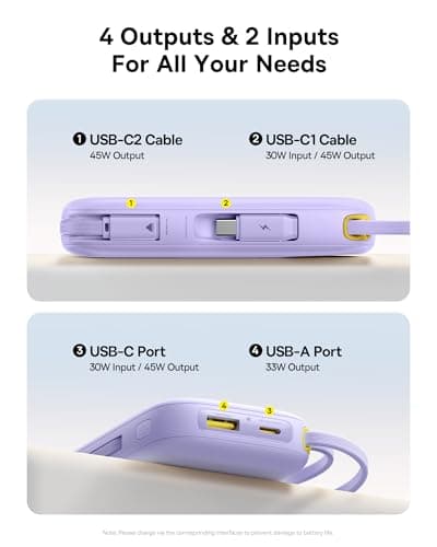 Baseus Powerbank 20000 mAh 45 W with Integrated USB-C Cable, QPow3 Power Bank PD3.0 QC4.0 External Mobile Phone Batteries, 3 usb-C, 1 usb-A, Portable Charger for iPhone 16/15/14 Pro Max, iPad, Galaxy — view 5