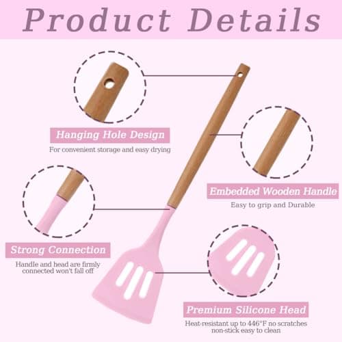12 Pcs Kitchen Utensil Set, Silicone Cooking Utensils Set with Wooden Handle, Heat Resistant, Nonstick Cookware Tongs Spatula Spoon Set with Storage Bucket for Home, Camping, Dishwasher Safe (Pink) — view 3
