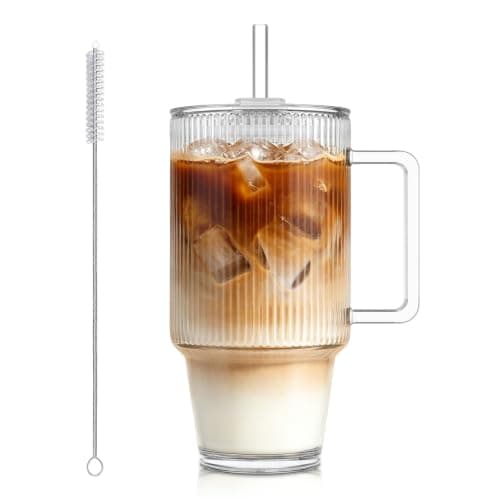 KEMORELA 24oz / 710ml Ribbed Glass Tumbler with Handle, Lid & Straw – Iced Coffee Glass Cup, Matcha & Smoothie Drinking Glass, Reusable Travel Cup with Straw and Lid