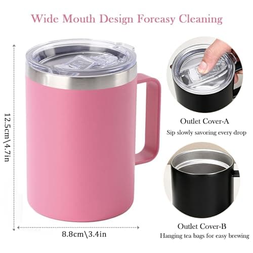 YueXing 16oz Black Insulated Coffee Mug with Handle, Leakproof Double Wall Stainless Steel Travel Mug with Sliding & Straw Lid, Dishwasher Safe for Camping Commuting Hot Cold Drinks (Pink) — view 2