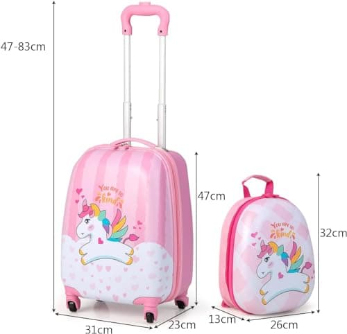 HOMFME 2 PCS Kids Luggage Set, Children Suitcase and Backpack Set with Adjustable Handle and Universal Wheels, Hard Shell Toddler Trolley Case for Travel School (12 + 16 Inch, Pink Unicorn) — view 6