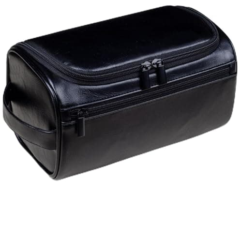 PU Leather Toiletry Bag for Men, Dark Brown Wash Bag for Travel, Gym & Shaving, Dry & Wet Separation with 3 Compartments - Perfect Men's Washbag (Black)