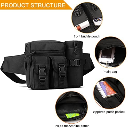 Huntvp Tactical Waist Pack Bag with Water Bottle Pouch Molle Belt Bag Bumbag for Cycling Hiking Walking Outdoors,Black — view 5