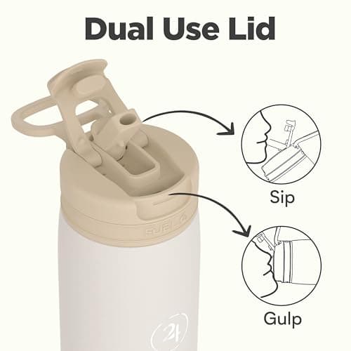 Fuel24 Duo - Stainless Steel Water Bottle 700ml or 1L - Vacuum Insulated Metal Flask with Straw (Dual use Lid) 1 Litre - for Sports, Gym, Work – Slim Design (Sand, 1000 ml) — view 2