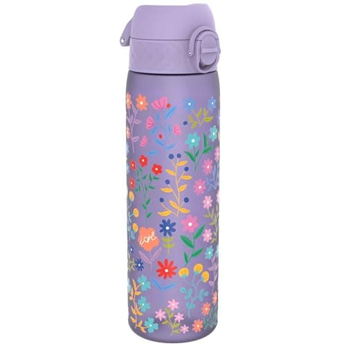 Ion8 Water Bottle, 500ml/18oz, Slim Leak Proof & BPA-Free Drinking Bottle, Secure Lock Prevents Spills, Dishwasher Safe, Carry Handle, Ideal for Adults & Kids - Travel, Gym & School, Ditsy Floral