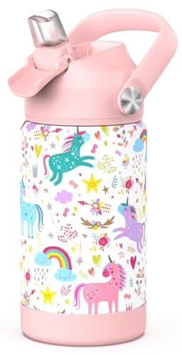 ntskood Girls Unicorn Water Bottle for School，Kids 12 oz Insulated Stainless Steel Cup with Straw, Double-Wall Vacuum Leakproof