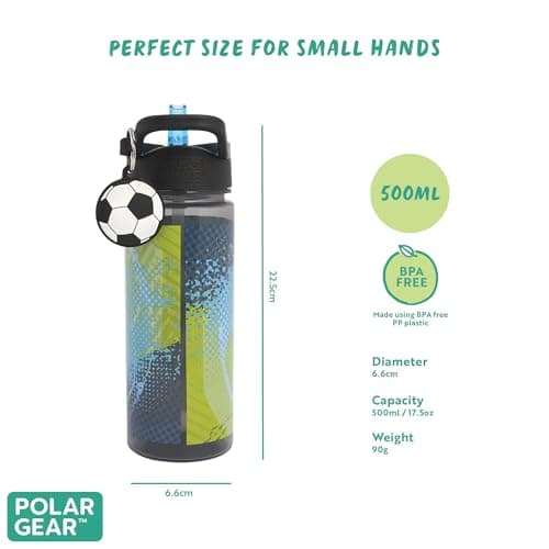 Polar Gear Football 500ml Kids Water Bottle with Straw - Back to School Supplies, Drinks Bottle with Keyring Charm, Black & White — view 2