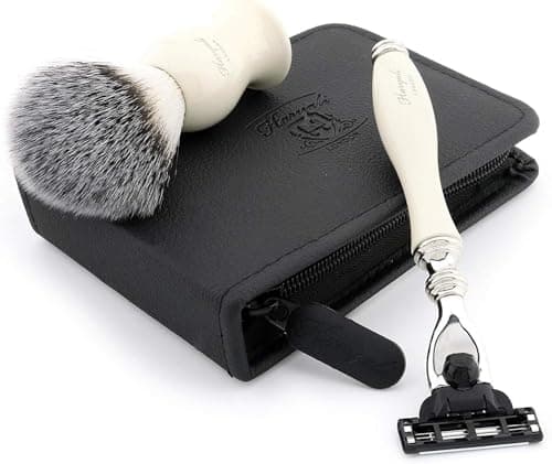 Travel Shaving Set with Synthetic Hair Brush & Triple Edge Cartridge Compatible Razor in a Faux Leather Travel Case Ivory/Off-White Handles by Haryali London — view 3