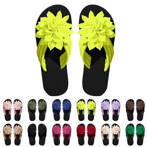 Flower Flip Flops Women Beach Slippers Size 9 Boho Open Toe Slip on Flat Sandals Summer Comfortable Yoga Mat Thong Sandals for Pool, Travel Vacation Slippers Flower Yellow Footwear Gift