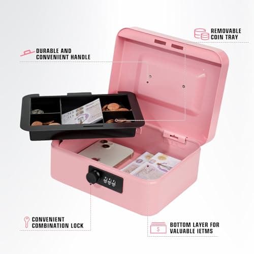 Cash Box with Combination Lock, Money Tin Box with Coin Tray, Lockable Cash Tin for Money Saving 20 * 16 * 9cm (Pink) — view 4