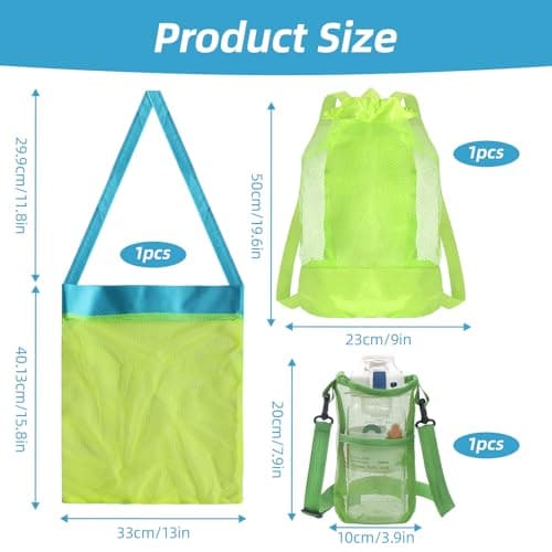 3Pcs Mesh Beach Toys Backpack Bag, Water Bottle Carrier, Large Portable & Foldable Sea Shell Bag With Adjustable Carrying Straps Set for Outdoor Activities (Green) — view 3