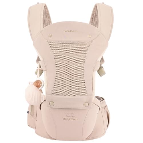 Bebamour Baby Carrier with Hip Seat, 6 Carrying Positions, Newborn to Toddler Baby Carrier 0-36 Months, Adjustable Waist & Padded Shoulder Straps, Head Hood, Pacifier Case & Teething Pads (Pink)