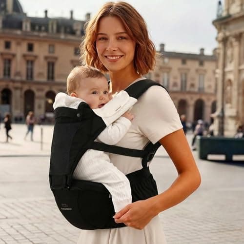 Bebamour Baby Carrier with Hip Seat, Newborn to Toddler 0–36 Months, Ergonomic Infant Carrier with Adjustable Waist Belt, Head Hood, Teething Pads & Waist Extender, Mesh Gold — view 3