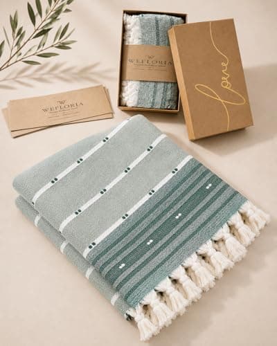 WEFLORIA Turkish Peshtemal Towel – 100% Cotton, Lightweight & Quick Dry Beach & Bath Towel, Large Hammam Towel with Tassels, Gift Box Packaging (Sage Green/Red & Cream) (Sage Green) — view 4