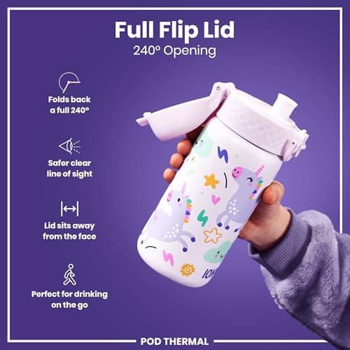 Ion8 Insulated Steel Water Bottle, 320 ml/11 oz, Leak Proof, Easy to Open, Secure Lock, Dishwasher Safe, Carry Handle, Flip Cover, Metal Water Bottle, Raised Print, Stainless Steel, Pink Unicorns — view 4