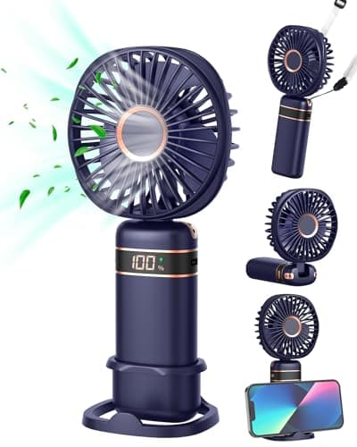 FAPPEN Mini Handheld Fan, Portable USB Hand Held Fan, Rechargeable 5 Speeds Folding Hand Fans with Base and Lanyard for Home Office Bedroom Outdoor Travel(Deep Blue)