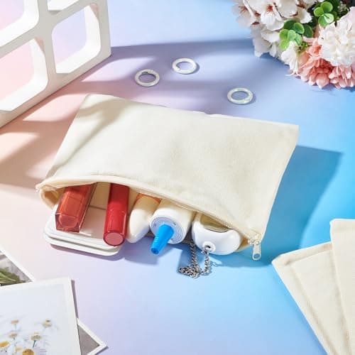 Bestewelry 6 pcs Canvas Travel Cosmetic Bags Blank Canvas Makeup Bags Blank Fabric Pencil Cases with Rings for Students School Storage Women Travel Makeup Organizer, White — view 2