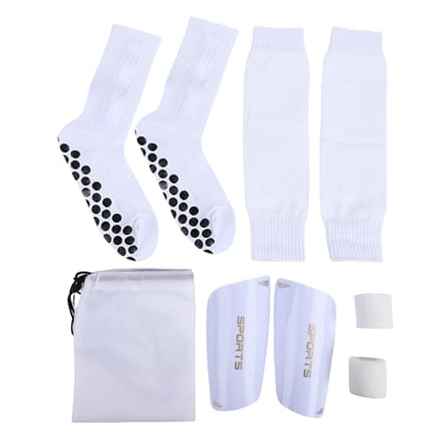 Goshyda Pre Cut Sleeves for Shin Guards, Compression Leg Sleeves for Soccer & Lacrosse, Football Grip Socks with Rubber Pads (White Set)