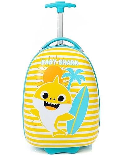 Baby Shark Kids Suitcase | Yellow and Blue Small Cabin Bag For Boys & Girls | Carry On Trolley with Extendable Handle | Singing Shark Hard Cover Holiday Case | Fun Travel Merchandise Gift for Children — view 2