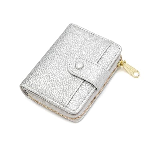 CHAOFANXI Small Purses for Women, Card Holder Ladies Wallets, Bifold Leather Card Wallet Organizer, RFID Blocking Wallet for Women with Zipper Coin Pocket with Multiple Card Slots,Silver