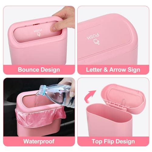 1 Pcs Pink Car Accessories Mini Car Bin Pink with Lid ＆ 100 Pcs Trash Bags — view 3