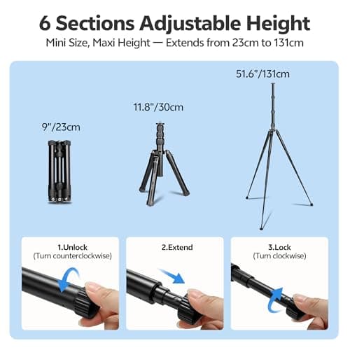 TONYBOO Compact Camera Tripod, 51.6" Lightweight Travel Tripod with 11lbs High Load Capacity, 9" Pocket-Sized Mini Tripod with 1/4" Extension Thread & Detachable Design for DSLR, Phone, Vlog — view 5