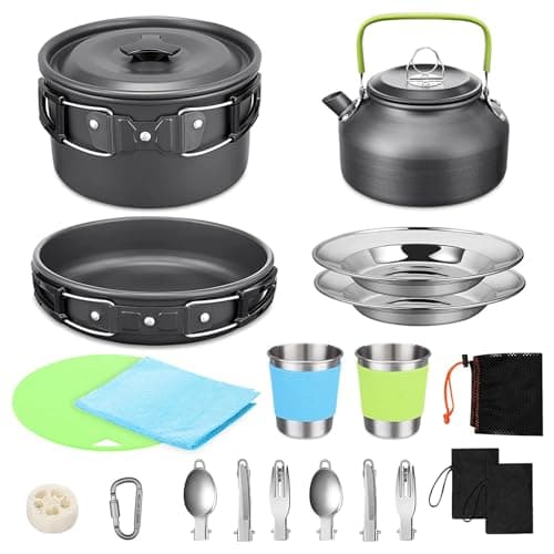 22PCS Camping Cookware Set, Portable Outdoor Cooking Pot and Pans Set with Teapot Nonstick Lightweight Camping Cookware Kit, for Hiking Backpacking 2-3 Person