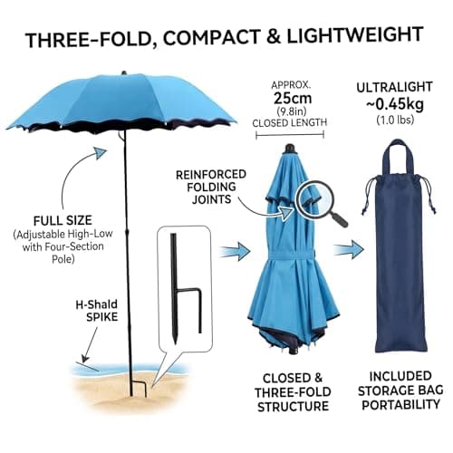 Ameble Folding Travel Rain Umbrella with UV Protection, Adjustable Height & Ground Stake Plant Umbrella for Garden, Fishing, Beach, Sun Shade, Blue — view 3