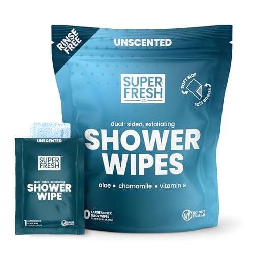 Super Fresh Shower Wipes Large Unscented Body Wipes for No Rinse Bathing Personal Hygiene Gym Travel Camping Enriched with Aloe and Vitamin E 10 Individually Wrapped Disposable Sheets