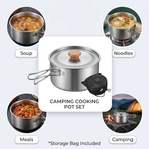 Raoletin Mess Tin Stainless Steel Mess Tins for Camping, Outdoor Portable Camping Pan and Pot with Lid, Folding Handle and Mesh Storage Bag for Gas Stove, Campfire, BBQ, Hiking, Picnic and Travel — view 6