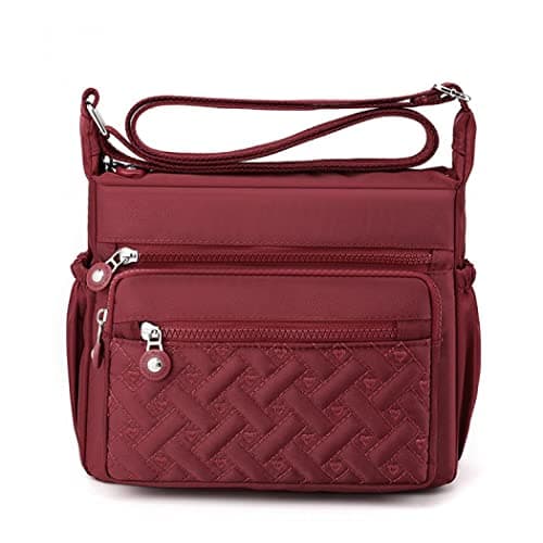 Womens Multi Pocket Casual Waterproof Crossbody Handbags Shoulder Messenger Bag for Travel Hiking Daily (Burgundy)
