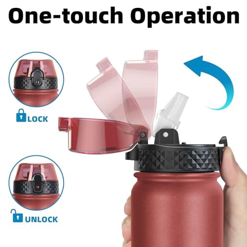 OLDLEY Stainless Steel Water Bottle with Straw 1L Vaccum Insulated Large Drink Flask Metal Water Bottles 1 Litre Leakproof Keep Drinks Hot Cold for Sports Gym Travel Adult Women Men(Red Black, 1 Lid) — view 3
