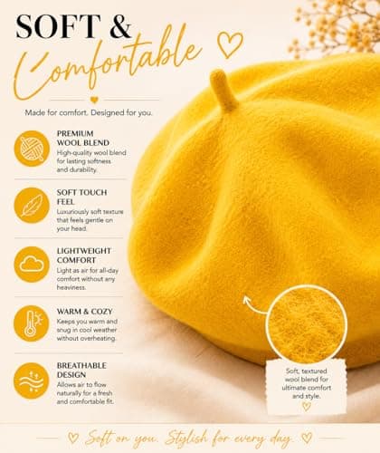 ITRAT Women's Beret Hat – Classic French Style Beret for Women, Soft Warm Wool Blend Ladies Fashion Hat, Elegant Parisian Winter Autumn Cap for Casual, Travel & Everyday Wear (Yellow) — view 3