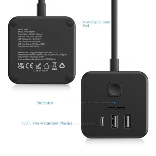 JSVER Cube Extension Lead with 3 USB Ports (5V/2.4A) 3 Outlet Power Strip with Switch Power Socket with 200cm Cable for Home, Office, Hotel, Travel -Black — view 4