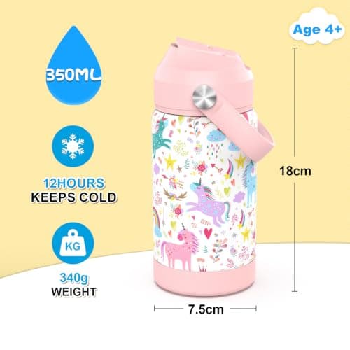 ntskood Girls Unicorn Water Bottle for School，Kids 12 oz Insulated Stainless Steel Cup with Straw, Double-Wall Vacuum Leakproof — view 2
