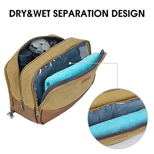 WANDF Toiletry Bag for Men, Travel Wash Bag with Handle, Water-Resistant Canvas Shaving Organiser, SBS Metal Zipper Dopp Kit for Makeup Bathroom Gym (Khaki) — view 4