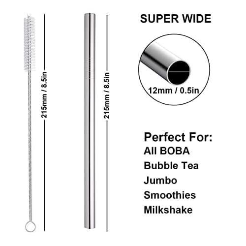 Boba Straws Reusable Bubble Tea Straws Metal Stainless Steel Smoothie Milkshake Jumbo Straw Thick Fat Wide with Travel Case Carry Bag Cleaner Brush 12mm 5-Pcs — view 2