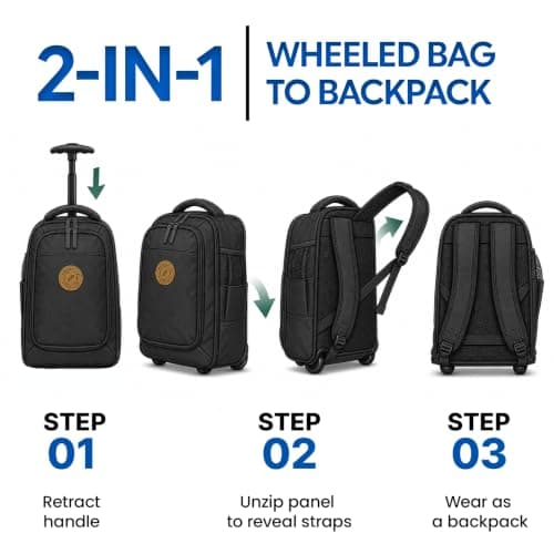 Bordlite Ryanair Cabin Approved Wheeled Backpack 40x25x20cm – 2 in 1 Lightweight Trolley Bag & Rucksack on Wheels (20L) Underseat Hand Luggage for Travel, Business, Weekend Trips - Black — view 5