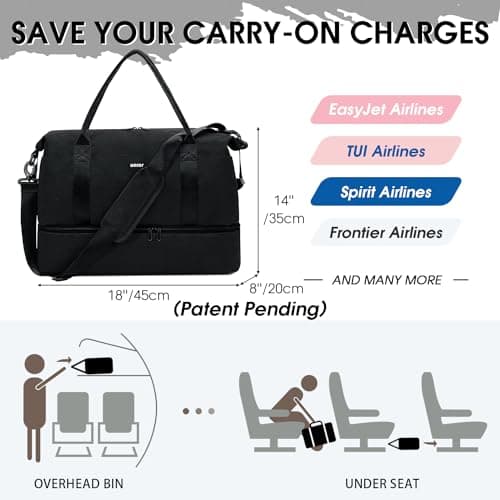 WANDF Cabin Bag 45x36x20 for Easyjet Airlines Underseat Travel Bag with with USB Charging Port, Wet Pocket & Shoes Compartment Carry on Hand Luggage Weekend Bag for Women and Men (Black) — view 2