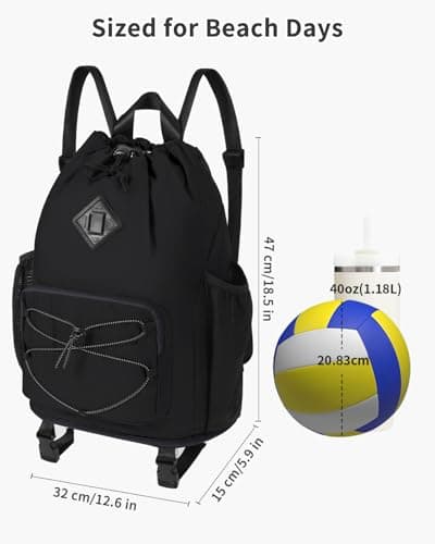 WANDF Drawstring Gym Bag Swim Bag with Removable Wet Pocket, Sandproof Beach Backpack with Compression Strap for Mat for Pool, Travel, Workout Gear (Black) — view 4