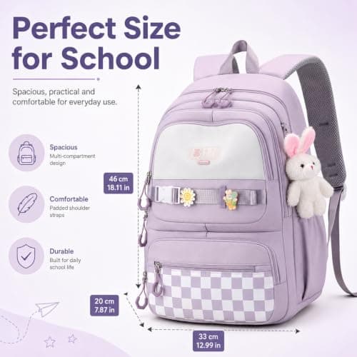 JANSBEN School Bags for Girls Water-Resistant Polyester Kids Backpack with Anti-Theft Pocket and Kawaii Pendant for Secondary School Commute Fits 15.6 Inch Laptop — view 3
