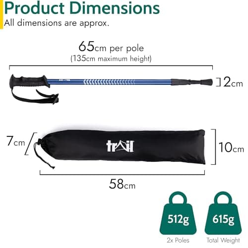 Trail Telescopic Walking Poles, 2 Pack, Adjustable 65–135cm, Blue — view 6